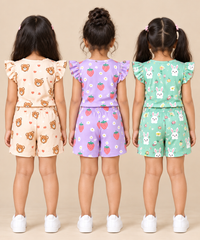 Girls All Over Printed | Flutter Sleeve Tshirt and Shorts Co-ord Set | Age 0 to 3 Years (Pack of 3 Sets)