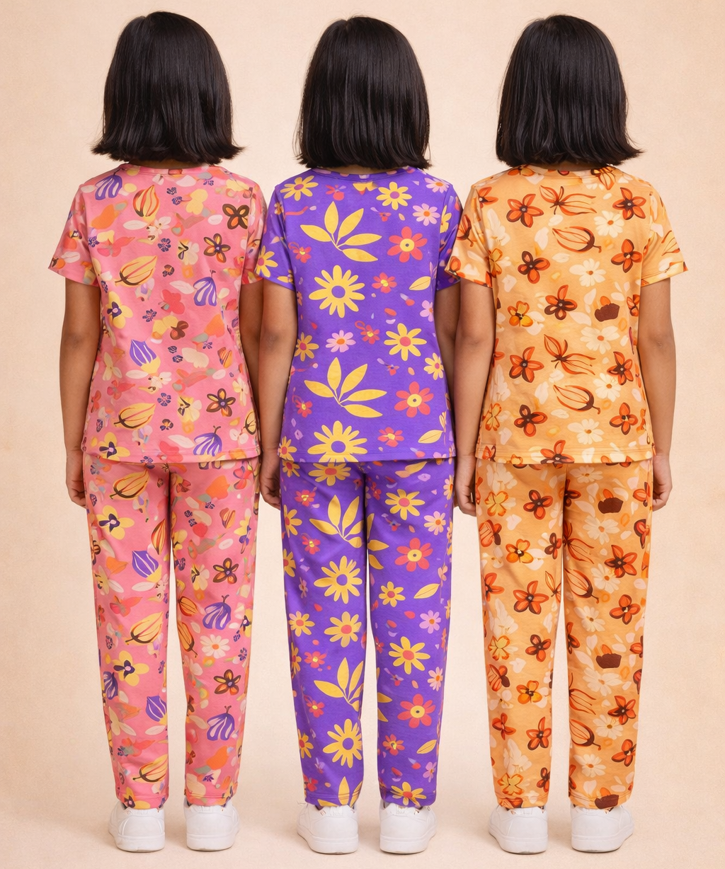 Girl Kids All Over Printed Co-ord Set | Tshirt and Pant | Age 2 to 10 Years (Pack of 3 Sets)