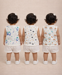 Baby Girls Sleeveless Muslin Cotton Printed Jebla Vest | 3–12 Months (Pack of 3)