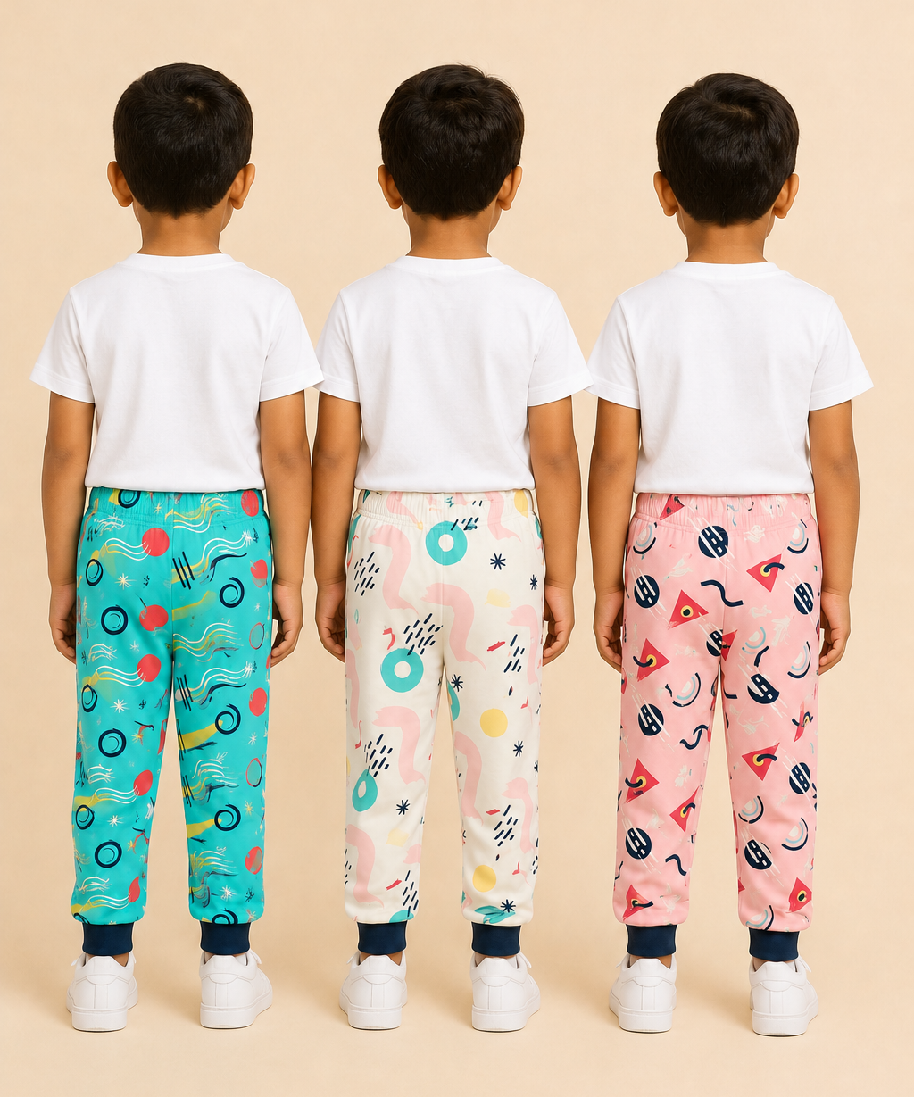 Kids Printed Cotton Track Pants for Boys | Soft Elastic Waist Full Length Joggers | Age 6 Months-5 Years | Pack of 3 Pieces