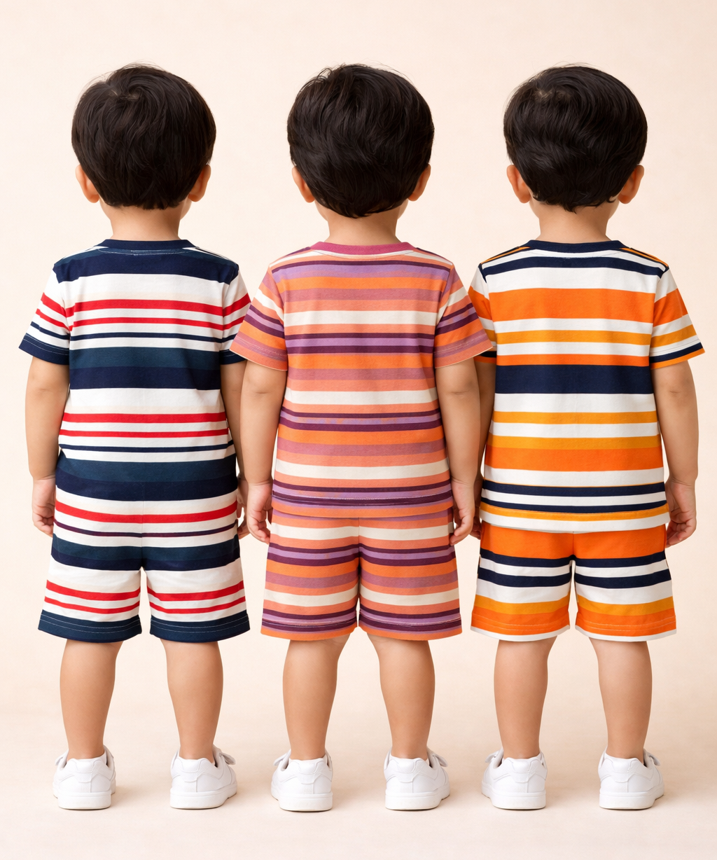 Boys Cotton Stripes Kids Co-ord Set Combo / Age 1-4 Years | T-shirt & Shorts (Combo Set Pack of 3)