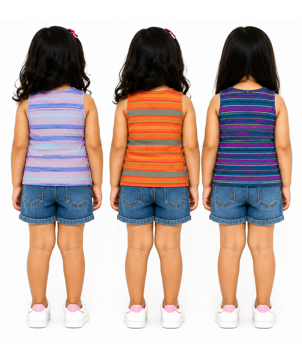 Cotton Stripes Girls Kids Sleeveless Tshirt (Pack of 3)