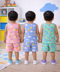 Boys Cotton Cartoon Printed Kids Sleeveless Set Combo | Age 0 to 3 Years | T-shirt & Shorts (Combo Set Pack of 3)
