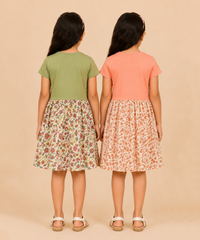 Girls Printed Half Sleeve Cotton Contrast Frock Dress | Floral Knee Length Casual Wear for Kids | Age - 5 to 10 Years | (Pack of 2)