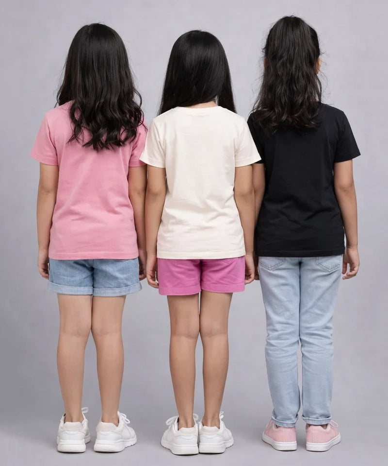 Girls Printed Casual Round Neck T-shirt (Pack of 3 Pieces)