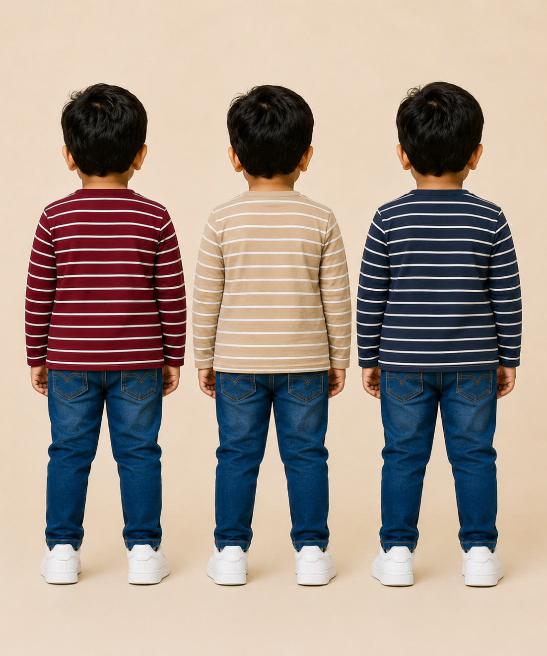 Kids Boys Cotton Stripes Full Sleeve T-shirt | Age 0-3 Years (Pack of 3)