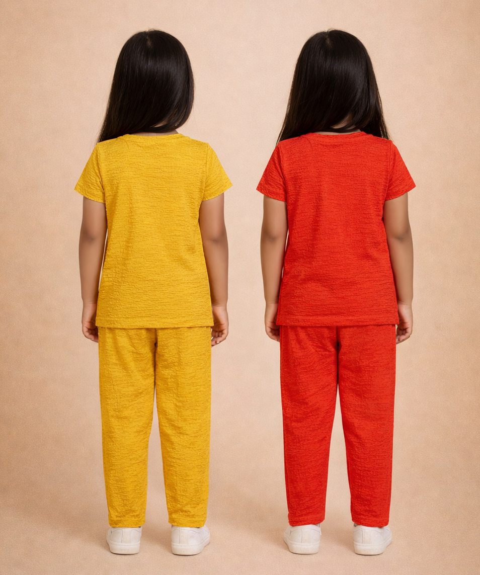 Girls Textured Polyester Co-ord Set | Half Sleeve Top & Pants | Pack of 2 Pieces