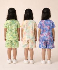 Kids Girls Tie-Dye Cloud Print Cotton T-Shirt & Shorts Co-ord Set | Pack of 3 Pieces | Age 1–4 Years