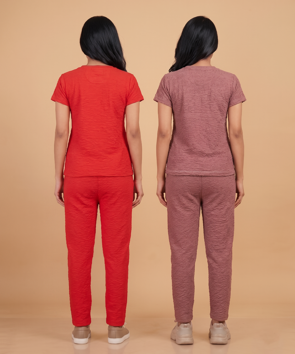 Women Textured Polyester Co-ord Set | Half Sleeve Top & Pants | Pack of 2 Set Combo