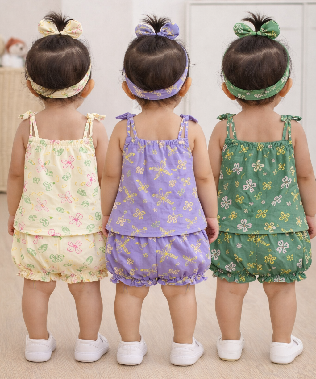 Boy & Girl Baby Printed Top Knot Dress | Top and Shorts Set | 100% Pure Cotton (Pack of 3 Sets Combo)