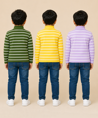 Kids Boys Full Sleeve Hi-Neck Stripes Rib T-shirt | Age 9 to 24 Months | Pack of 3 Pieces