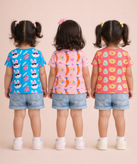 Kids Girls Cotton Printed T-shirt | 0 to 3 Years (Pack Of 3 Pieces)