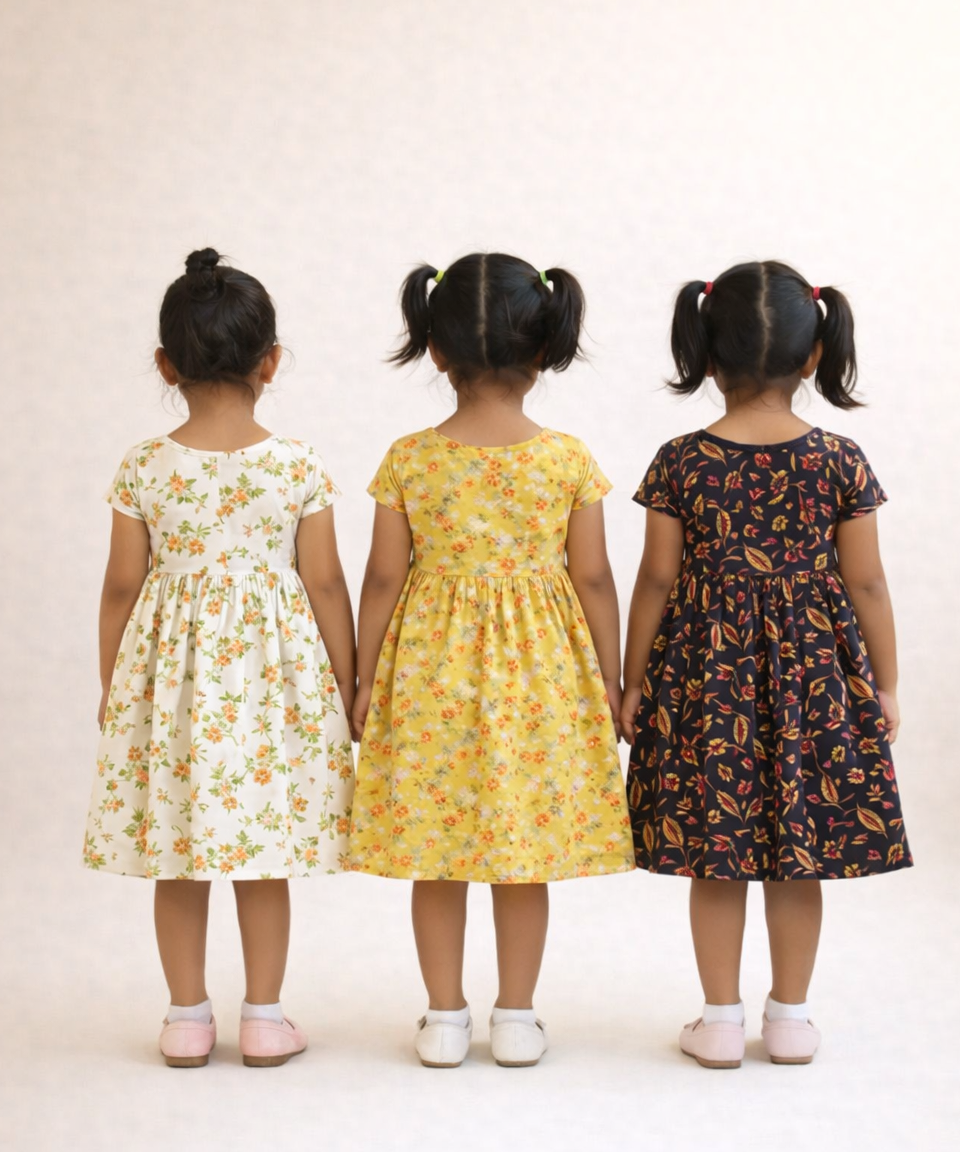 Girl Kids Frock 100% Cotton Floral Printed Gown Dress/Frock Dress | Age 1 to 8 Years (Pack of 3 Pieces)