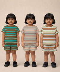 Girls Cotton Stripes Kids Co-ord Set Combo / Age 1-4 Years | T-shirt & Shorts (Combo Set Pack of 3)