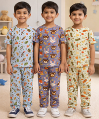 Boys Cotton Cartoon Printed Kids Co-ord Set Combo | Age 0 to 5 Years | T-shirt & Track pant (Combo Set Pack of 3)