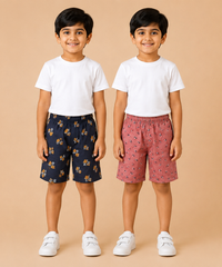 Kids Boys Checkered & Printed Cotton Shorts | Age - 5 to 10 Years | Soft Elastic Waist Casual Shorts | Combo Pack of 2 Pieces