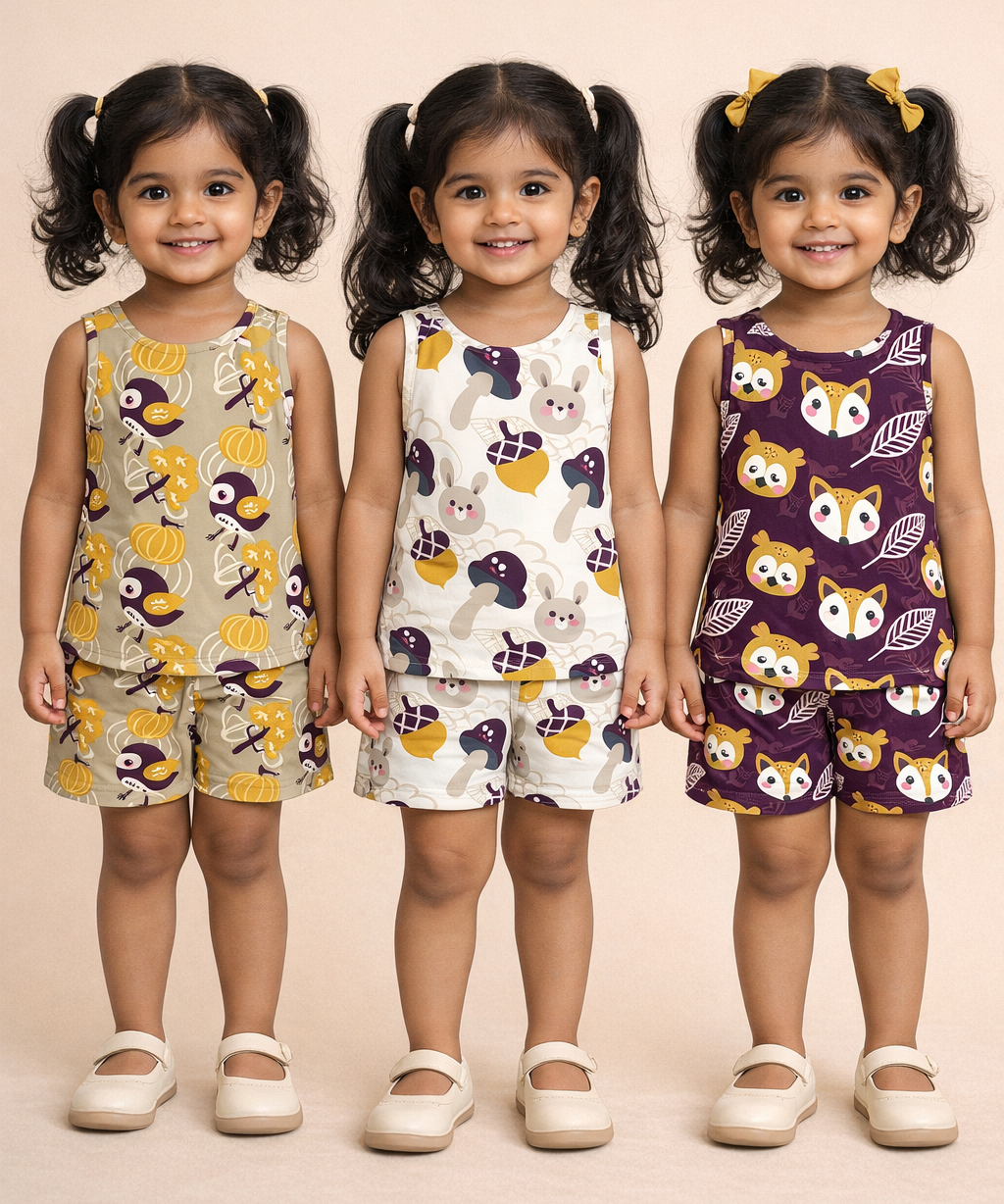 Girls Cotton Cartoon Printed Kids Sleeveless Set Combo | Age 0 to 3 Years | Sleeveless T-shirt & Shorts Co-ord Set (Pack of 3 Sets)