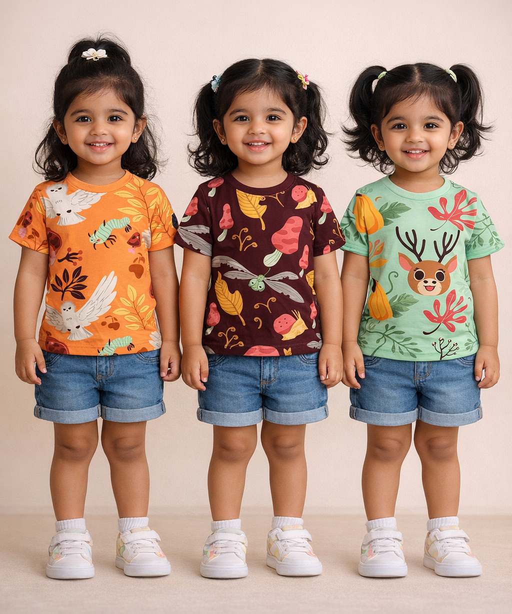 Kids Girls Cotton Printed T-shirt | 0 to 3 Years (Pack Of 3 Pieces)