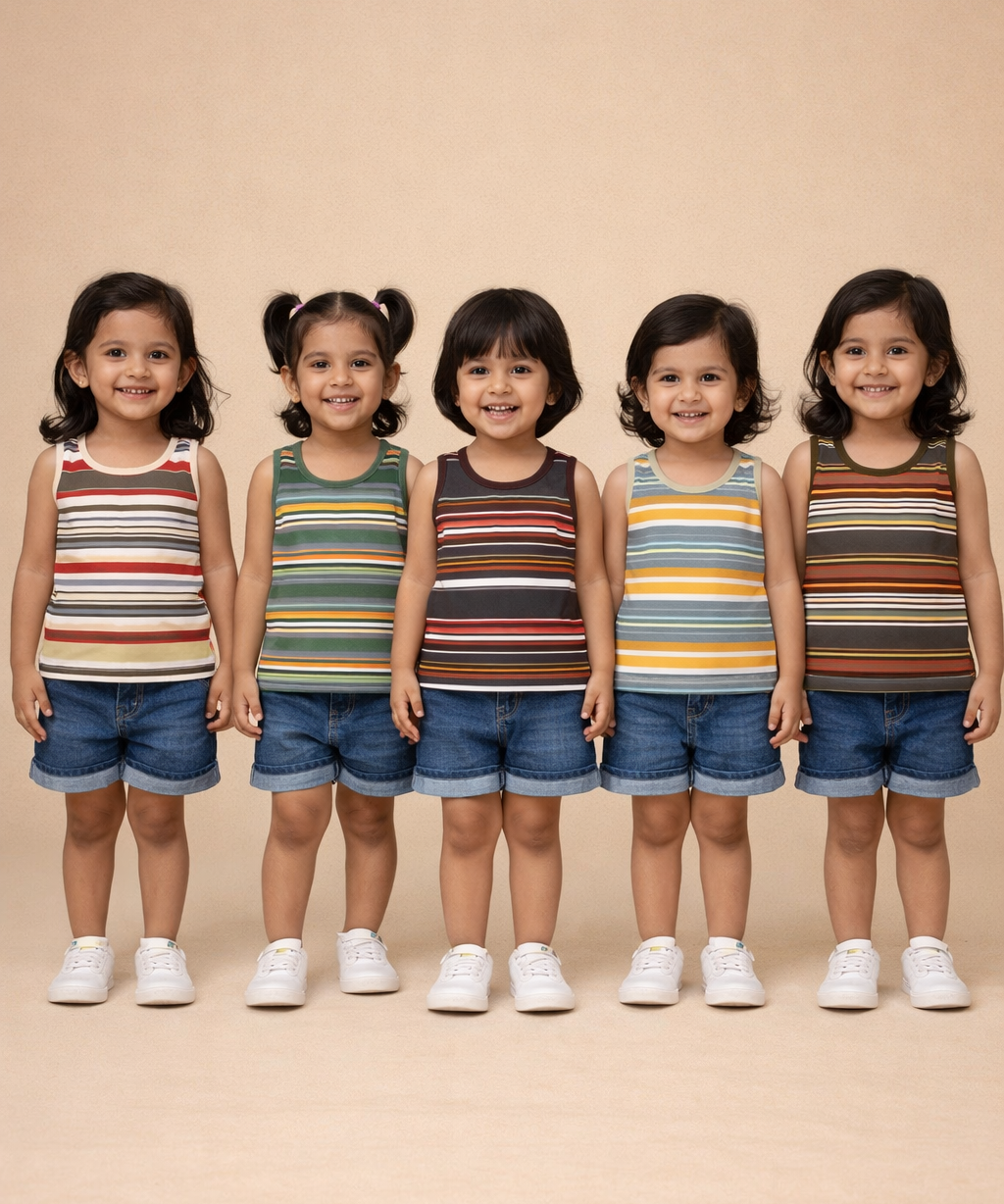 Cotton Stripes Kids Girls Sleeveless T-shirt (Pack of 5)