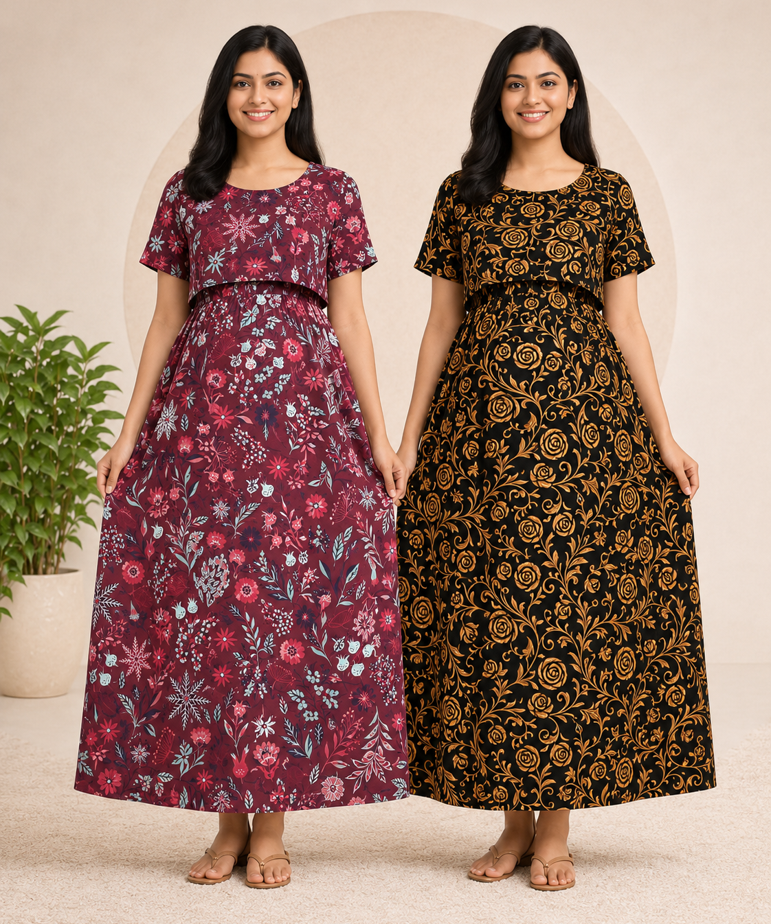 Maternity Feeding Maxi Dress | Nursing Friendly Nighty Style (Pack of 2 Pieces)