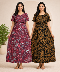 Maternity Feeding Maxi Dress | Nursing Friendly Nighty Style (Pack of 2 Pieces)