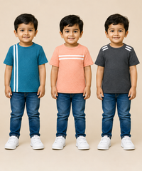 Kids Boys Popcorn Stripes Half Sleeve T-Shirt | Age 3 to 6 Years (Pack of 3 Pieces)