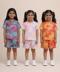 Kids Girls Tie-Dye Cloud Print Cotton T-Shirt & Shorts Co-ord Set | Pack of 3 Pieces | Age 1–4 Years