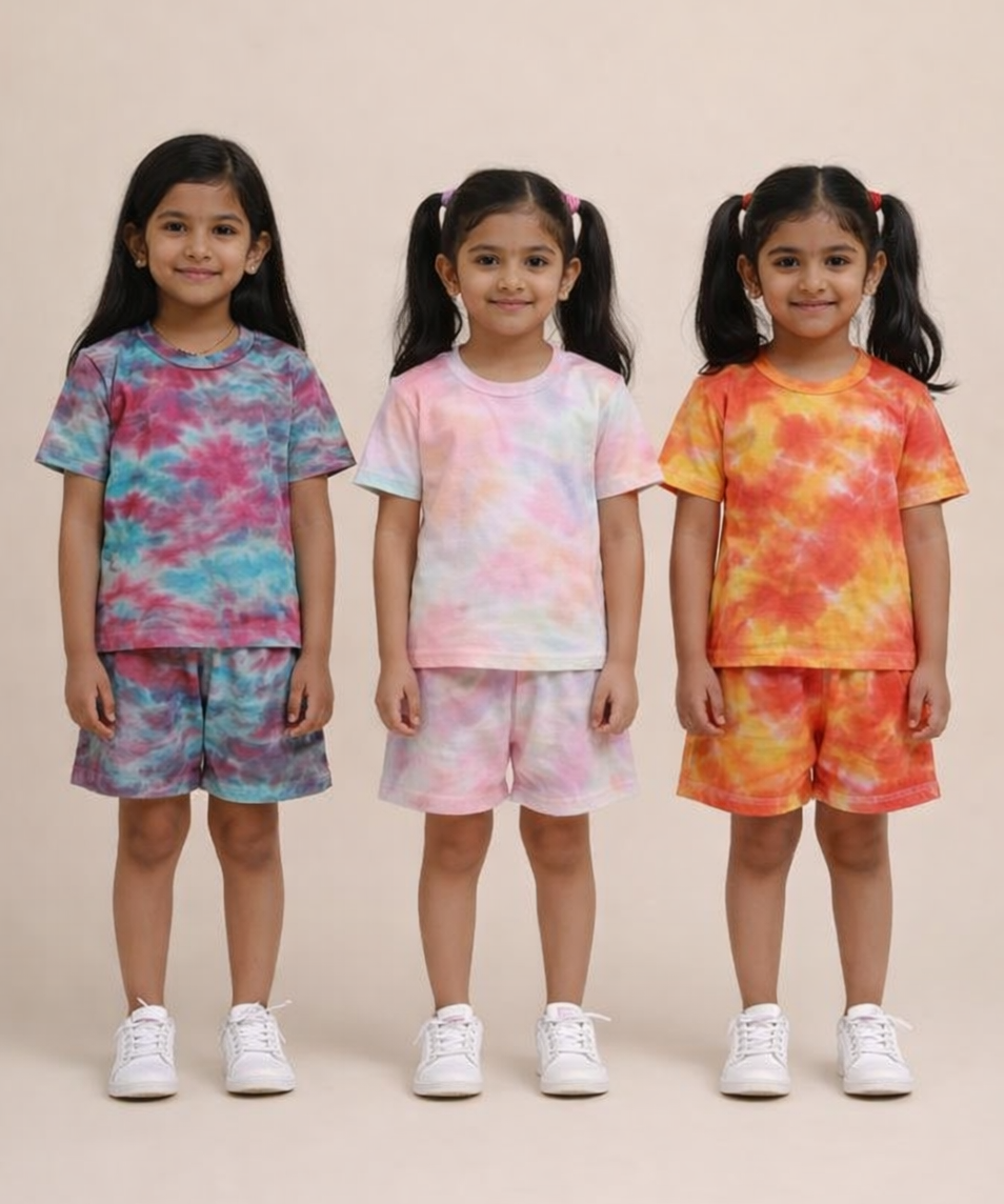 Kids Girls Tie-Dye Cloud Print Cotton T-Shirt & Shorts Co-ord Set | Pack of 3 Pieces | Age 1–4 Years