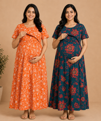 Maternity Feeding Maxi Dress | Nursing Friendly Nighty Style (Pack of 2 Pieces)