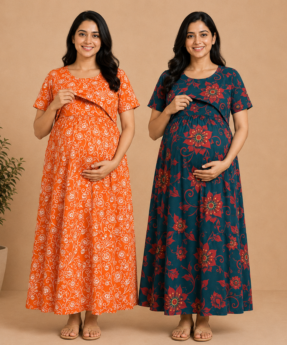 Maternity Feeding Maxi Dress | Nursing Friendly Nighty Style (Pack of 2 Pieces)