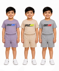 Kids Typography Print T-Shirt & Shorts Co-Ord Set for Boys | Age 6 Months-3 Years | Pack Of 3 Set Combo