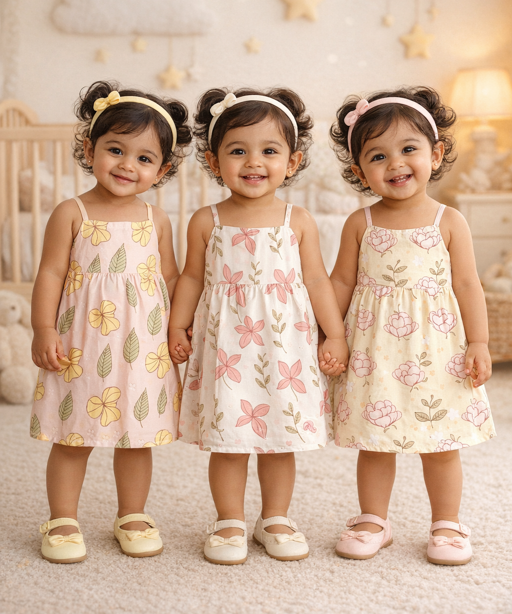 Girl Baby Sleeveless Cotton Frock Printed with Underwear | Age 0 to 6 Months (Pack of 3 Pieces)