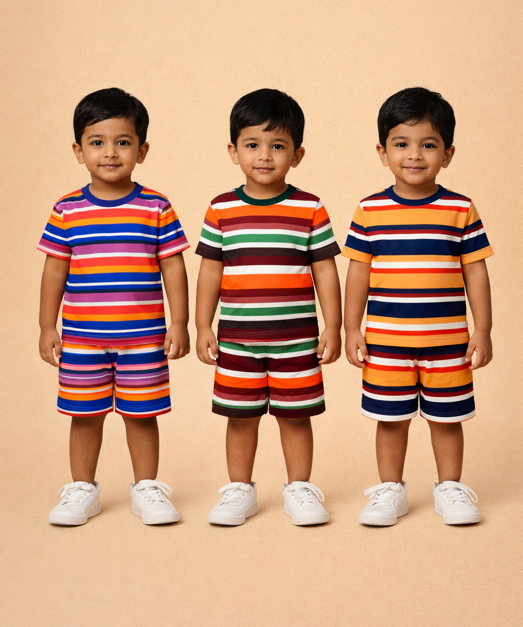 Boys Cotton Stripes Kids Co-ord Set Combo / Age 1-4 Years | T-shirt & Shorts (Combo Set Pack of 3)