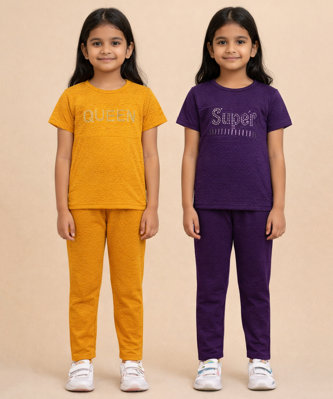 Girls Textured Polyester Co-ord Set | Half Sleeve Top & Pants | Pack of 2 Pieces