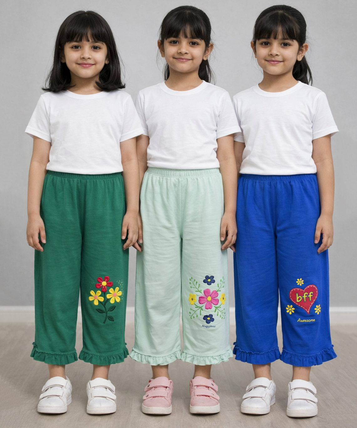 Pure Cotton Embroidered 3/4 Pajama Pant for Casual wear for Girl Kids Age 0 To 6 Years (Pack of 3)