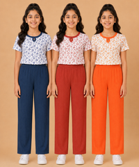 Girls Cotton Printed T-Shirt with Vertical Textured Lines Full-Length Pant Nightwear | Age 8 to 15 Years (Pack Of 3 Sets)