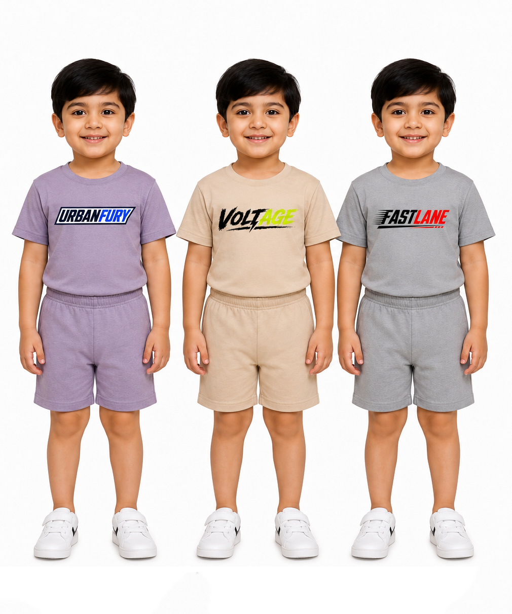 Kids Typography Print T-Shirt & Shorts Co-Ord Set for Boys | Age 6 Months-3 Years | Pack Of 3 Set Combo