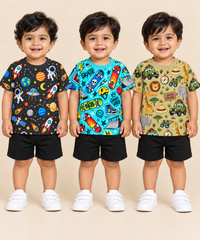 Baby Boys All Over Printed Cotton T-Shirt Multi Colour | Age 0 to 36 Months (Pack of 3 Pieces)