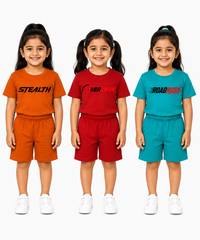 Kids Typography Print T-Shirt & Shorts Co-Ord Set for Girls | Age 6 Months-3 Years | Pack Of 3 Set Combo