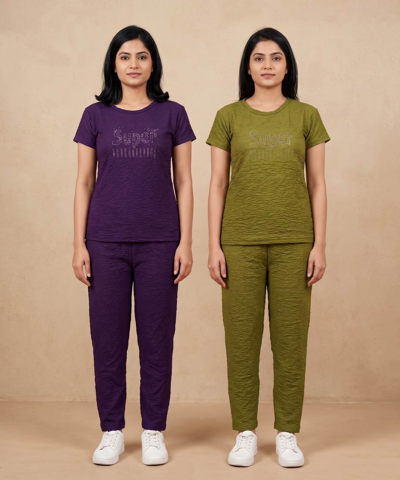 Women Textured Polyester Co-ord Set | Half Sleeve Top & Pants | Pack of 2 Set Combo