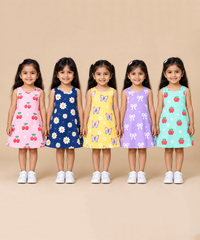 Girls 100% Cotton All Over Printed 2 To 5 Years Gown Dress/Frock Dress (Pack of 5)