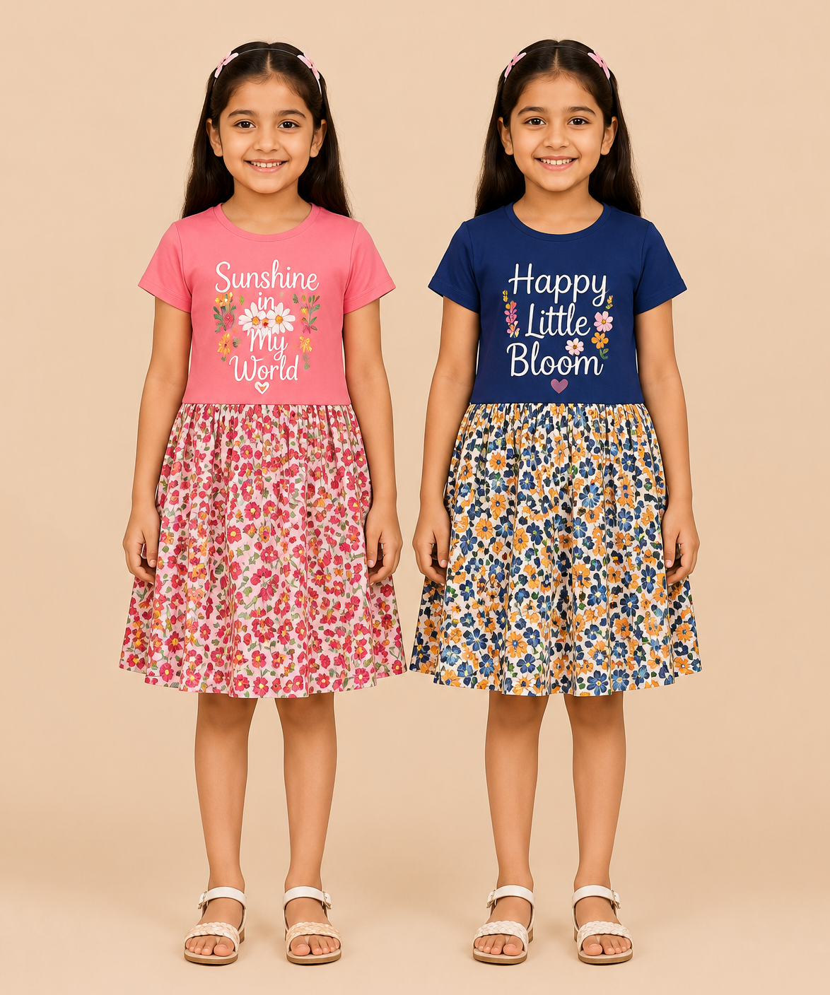Girls Printed Half Sleeve Cotton Contrast Frock Dress | Floral Knee Length Casual Wear for Kids | Age - 5 to 10 Years | (Pack of 2)