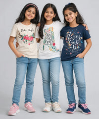 Girls Printed Casual Round Neck T-shirt (Pack of 3 Pieces)