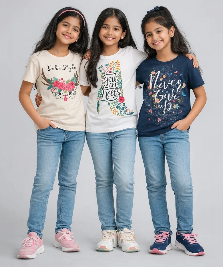 Girls Printed Casual Round Neck T-shirt (Pack of 3 Pieces)