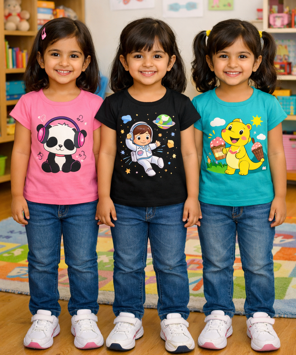 Cotton Short Sleeve Girls T-shirt Front Printed Multi Color | Age 4 to 9 Years (Pack of 3 Pieces)