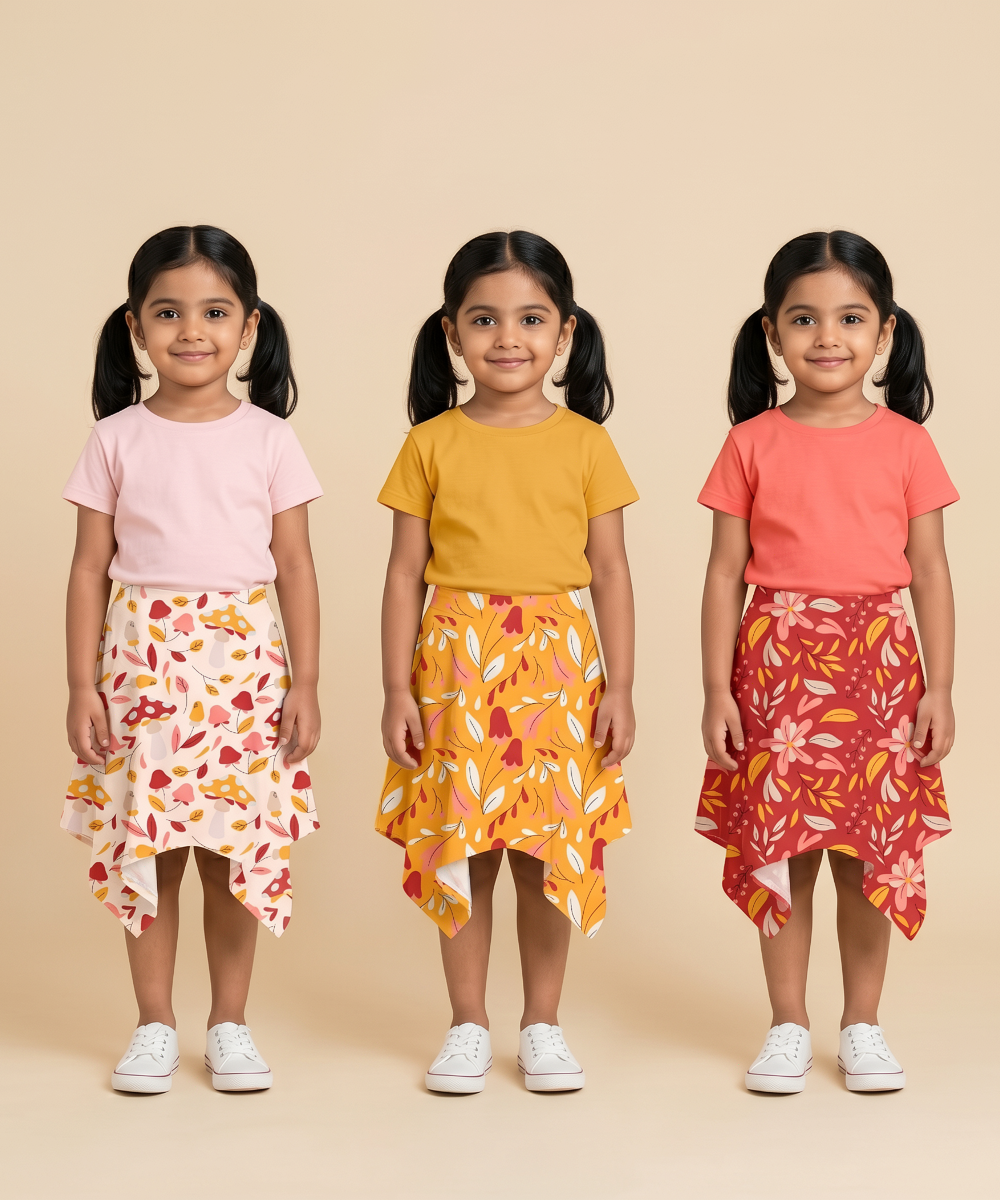 Cotton Fish Midi Floral Printed Skirt | Casual wear for Girl Kids Age 2 To 9 Years (Pack of 3)