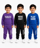 Boys Full Sleeve Cotton Winter Co-Ord Set | Typography Chest Printed Sweatshirt & Jogger Track Pant | Age 1 to 4 Years (Pack of 3 Sets)
