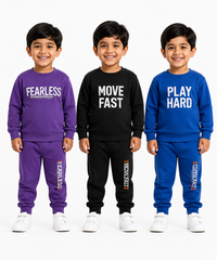 Boys Full Sleeve Cotton Winter Co-Ord Set | Typography Chest Printed Sweatshirt & Jogger Track Pant | Age 1 to 4 Years (Pack of 3 Sets)