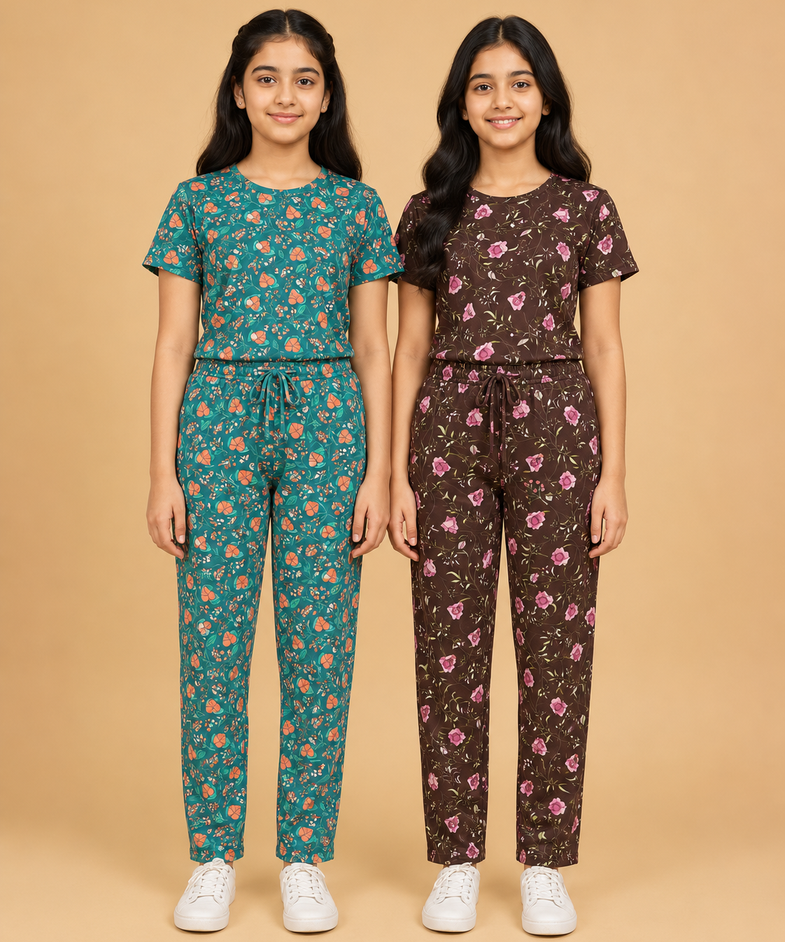 Girls Cotton All-Over Printed T-Shirt & Full-Length Pant Night Suit | Age - 9 to 15 Years | Pack of 2 Sets
