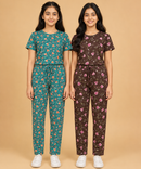 Girls Cotton All-Over Printed T-Shirt & Full-Length Pant Night Suit | Age - 9 to 15 Years | Pack of 2 Sets